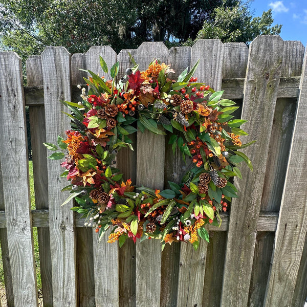 Fall front door eucalyptus wreath, Autumn wreath, Thanksgiving hostess gift, Harvest wreath, Fall foliage porch decor, Housewarming gift.