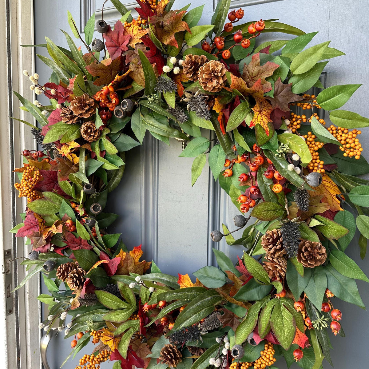Fall front door eucalyptus wreath, Autumn wreath, Thanksgiving hostess gift, Harvest wreath, Fall foliage porch decor, Housewarming gift.