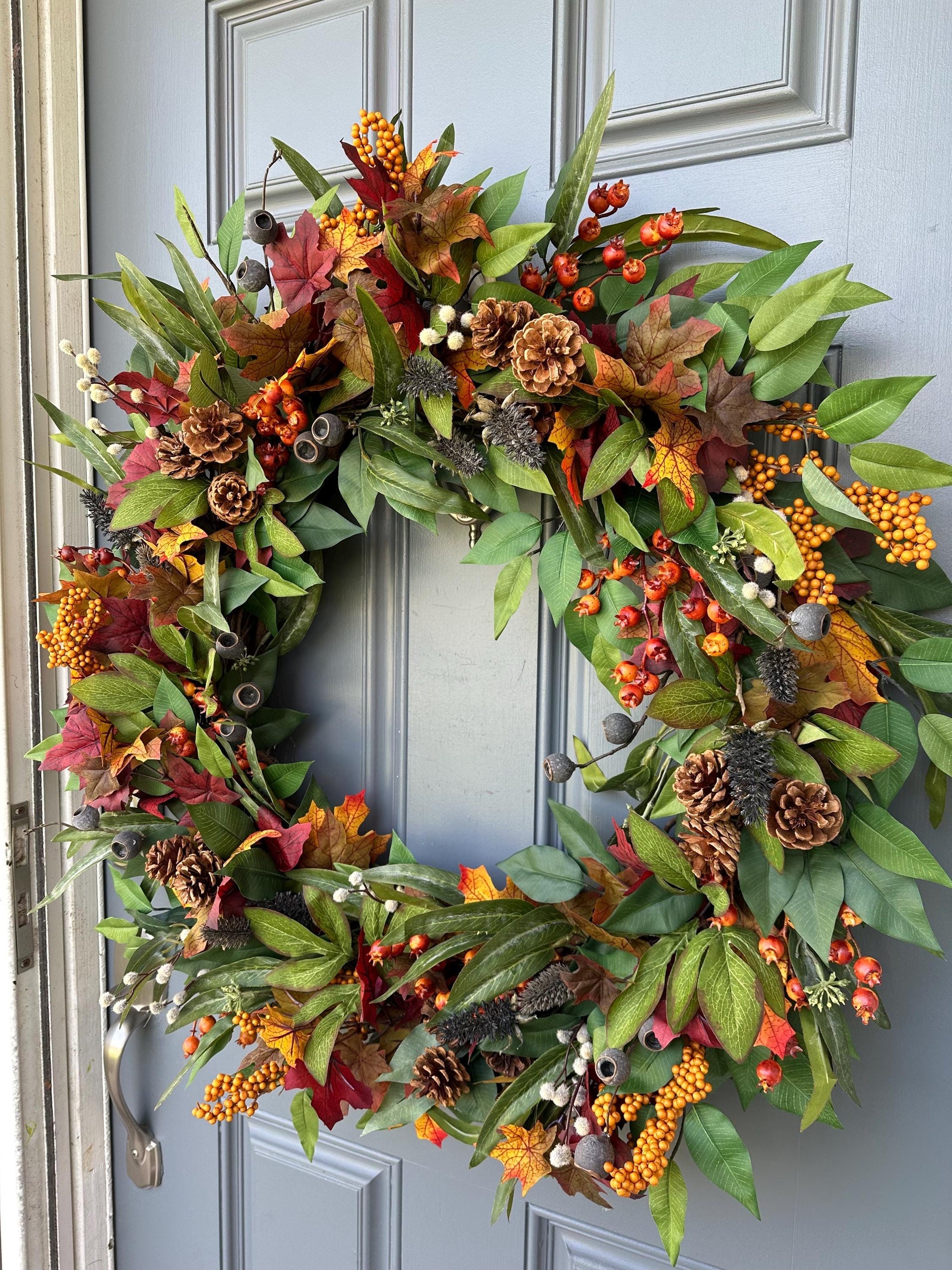  Fall front door eucalyptus wreath, Autumn wreath, Thanksgiving hostess gift, Harvest wreath, Fall foliage porch decor, Housewarming gift.