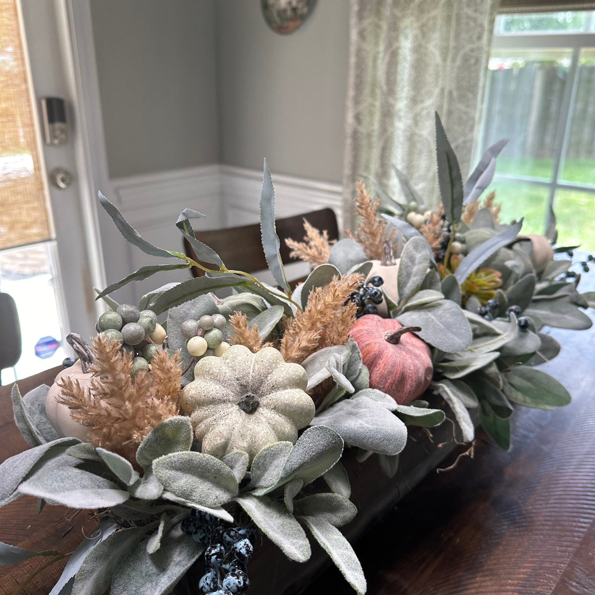 Fall lamb’s ear and pumpkin rustic arrangement, Autumn modern farmhouse table top centerpiece, Thanksgiving arrangement, Pumpkin centerpiece