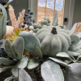 Close up of Green Pumpkins in Fall lamb’s ear and pumpkin rustic arrangement, Autumn modern farmhouse table top centerpiece, Thanksgiving arrangement, Pumpkin centerpiece