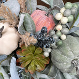 Close up of pumpkins and berries Fall lamb’s ear and pumpkin rustic arrangement, Autumn modern farmhouse table top centerpiece, Thanksgiving arrangement, Pumpkin centerpiece