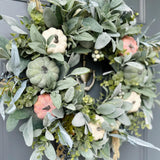 Alternate angle of Autumn Harvest Lamb's Ear and Pumpkins Wreath