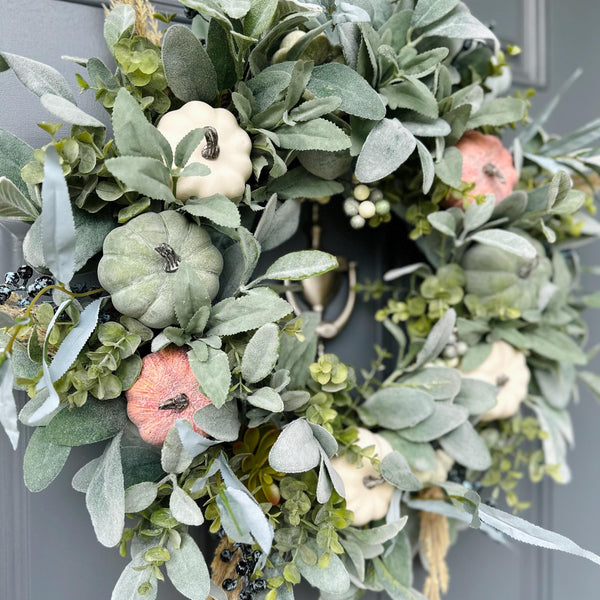 Alternate angle of Autumn Harvest Lamb's Ear and Pumpkins Wreath