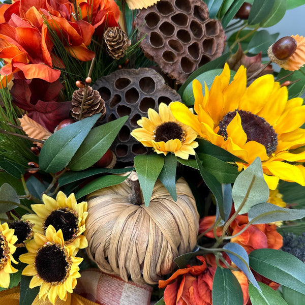 Autumn Harvest Wicker Basket - lotus pods, sunflowers and wicker pumpkin