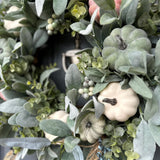 Lamb's Ear and Pumpkins Wreath - close up of berries, and greenery