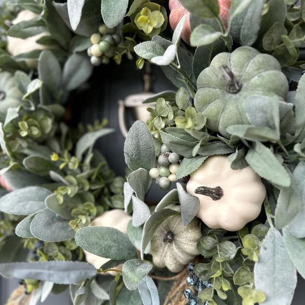 Lamb's Ear and Pumpkins Wreath - close up of berries, and greenery