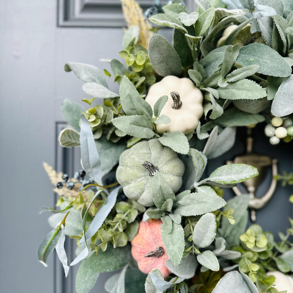 Autumn Harvest Lamb's Ear and Pumpkins Wreath - close up of pumpkins