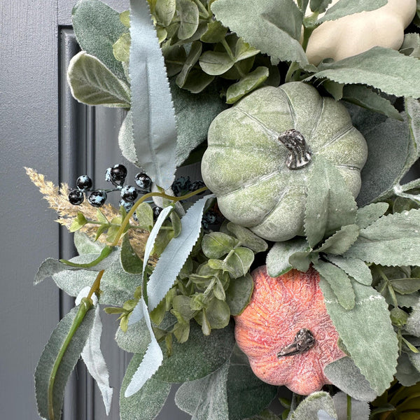 Image showing pumpkins and berries of Autumn Harvest Lamb's Ear and Pumpkins Wreath