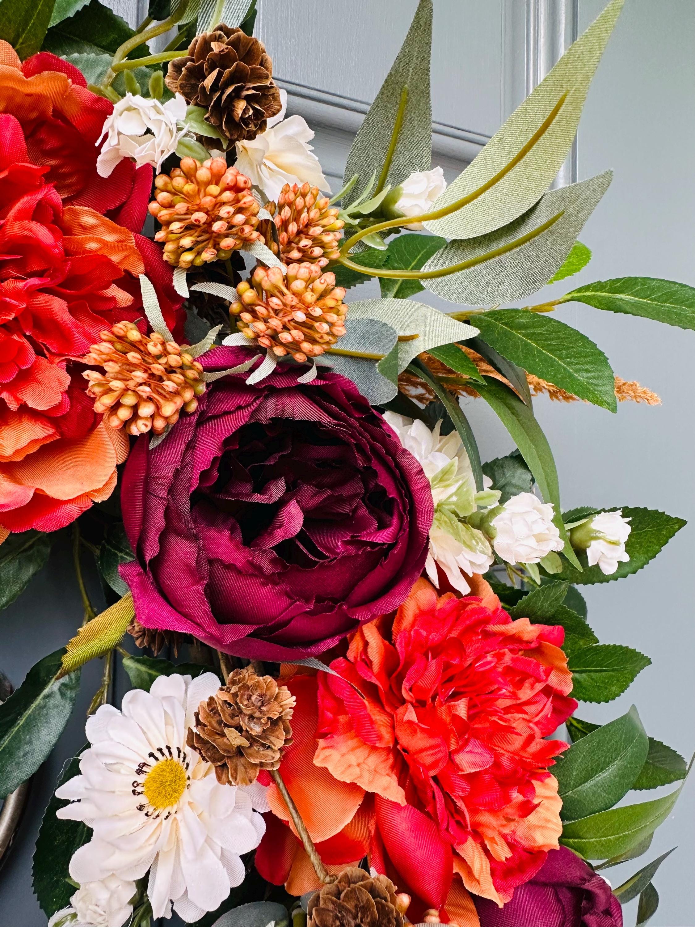 Autumn Wreath, deals fall leaves, football Mums, cabbage roses and bittersweet, Thistles and Bittersweet, Fall front door, Farm house Wreath