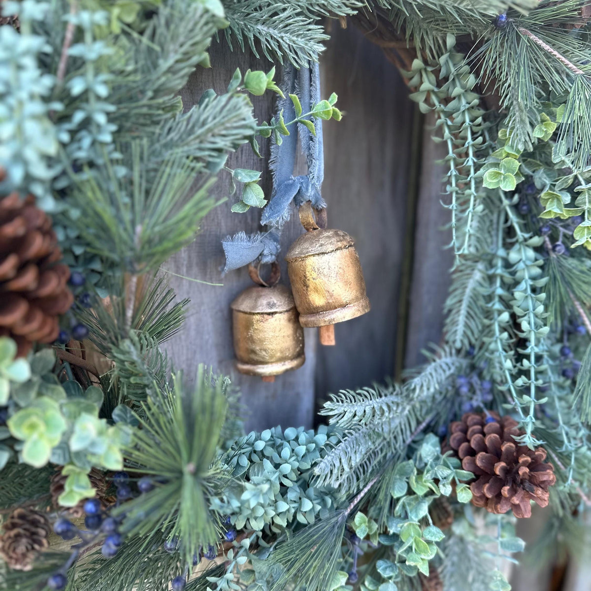 Winter front door wreath with brass bells, rustic pine wreath, housewarming gift for her,