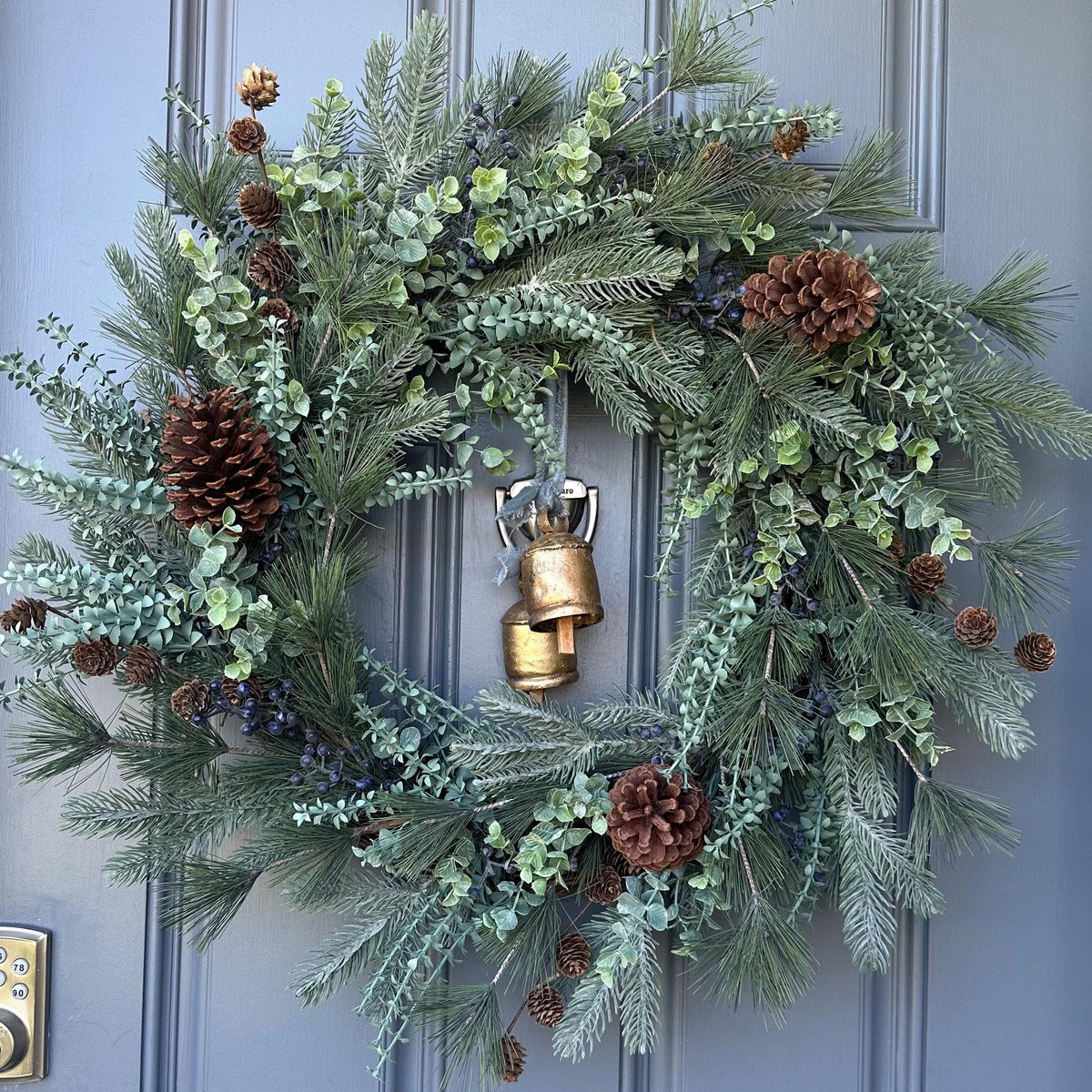 Winter front door wreath with brass bells, rustic pine wreath, housewarming gift for her,