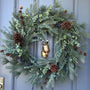 Winter front door wreath with brass bells, rustic pine wreath, housewarming gift for her,