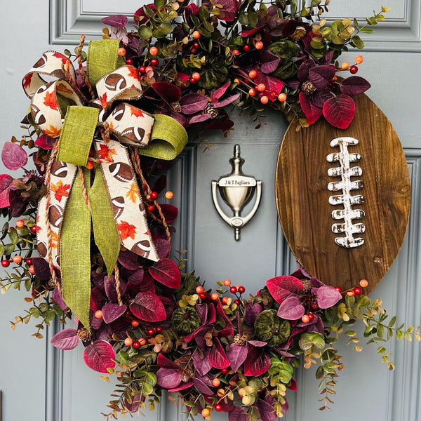 Football front door wreath, fall wreath for football season, 24" autumn farmhouse wall decor, sports wreath, rustic football wreath for door