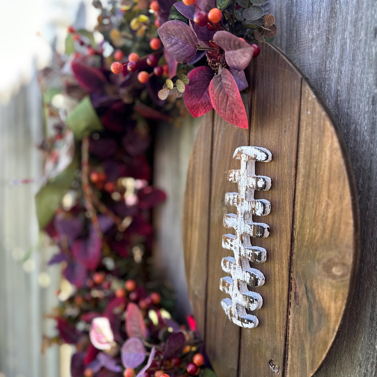 Football front door wreath, fall wreath for football season, 24" autumn farmhouse wall decor, sports wreath, rustic football wreath for door