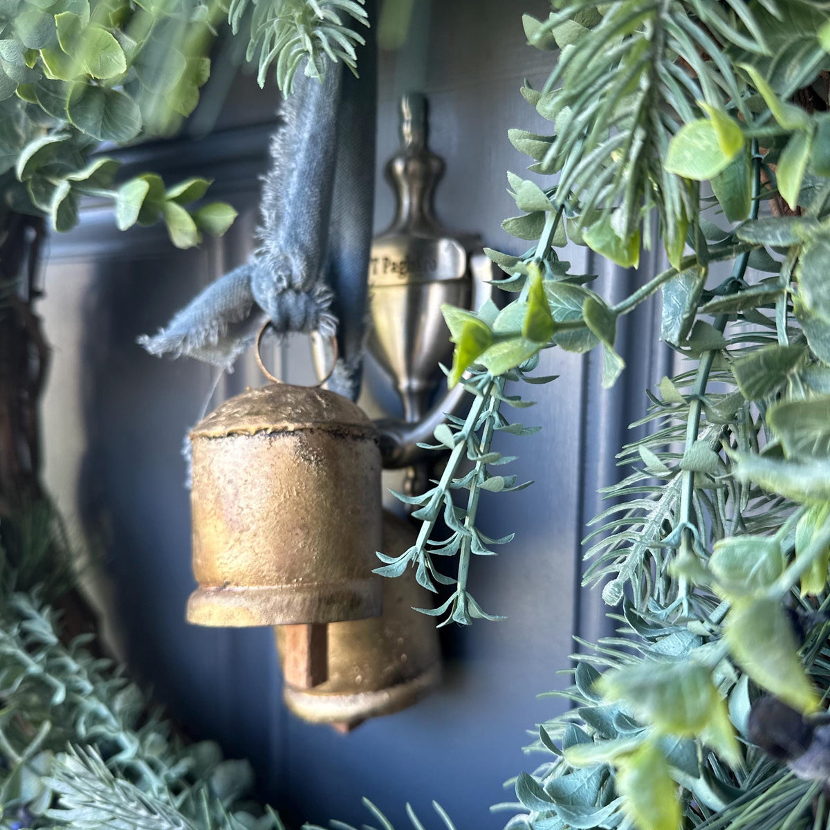 Winter front door wreath with brass bells, rustic pine wreath, housewarming gift for her,