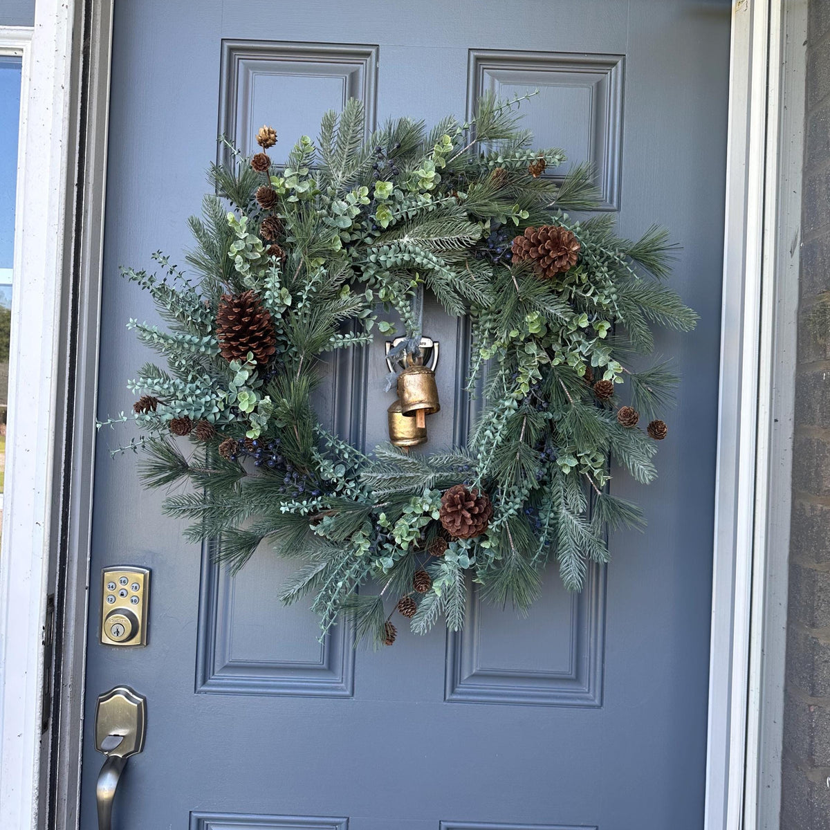 Winter front door wreath with brass bells, rustic pine wreath, housewarming gift for her,