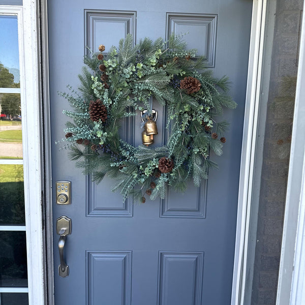 Winter front door wreath with brass bells, rustic pine wreath, housewarming gift for her,