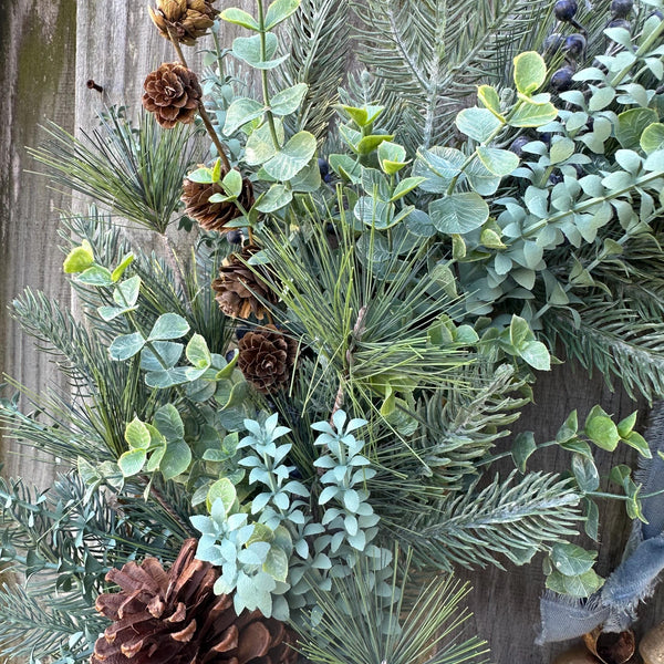 Winter front door wreath with brass bells, rustic pine wreath, housewarming gift for her,