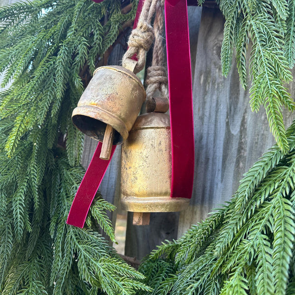 Norfolk pine front door wreath with brass bells, winter wreath, Christmas door wreath, gift for home decor lovers, perfect for winter season