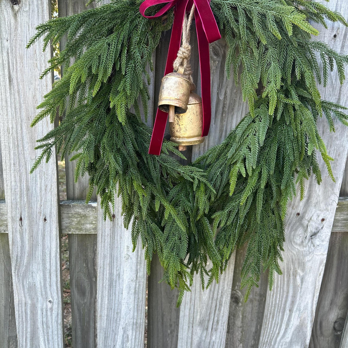 Norfolk pine front door wreath with brass bells, winter wreath, Christmas door wreath, gift for home decor lovers, perfect for winter season