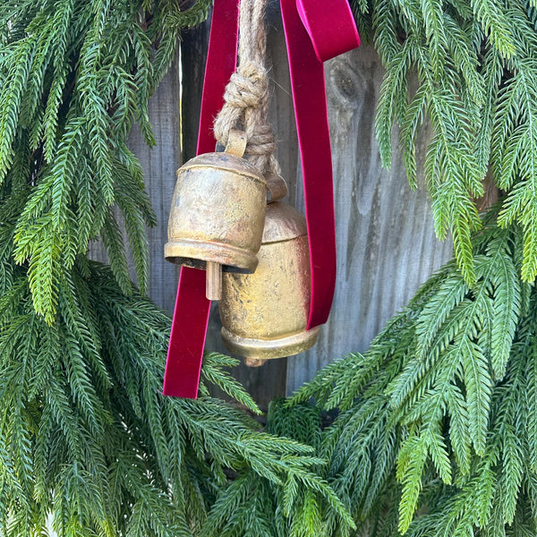 Norfolk pine front door wreath with brass bells, winter wreath, Christmas door wreath, gift for home decor lovers, perfect for winter season