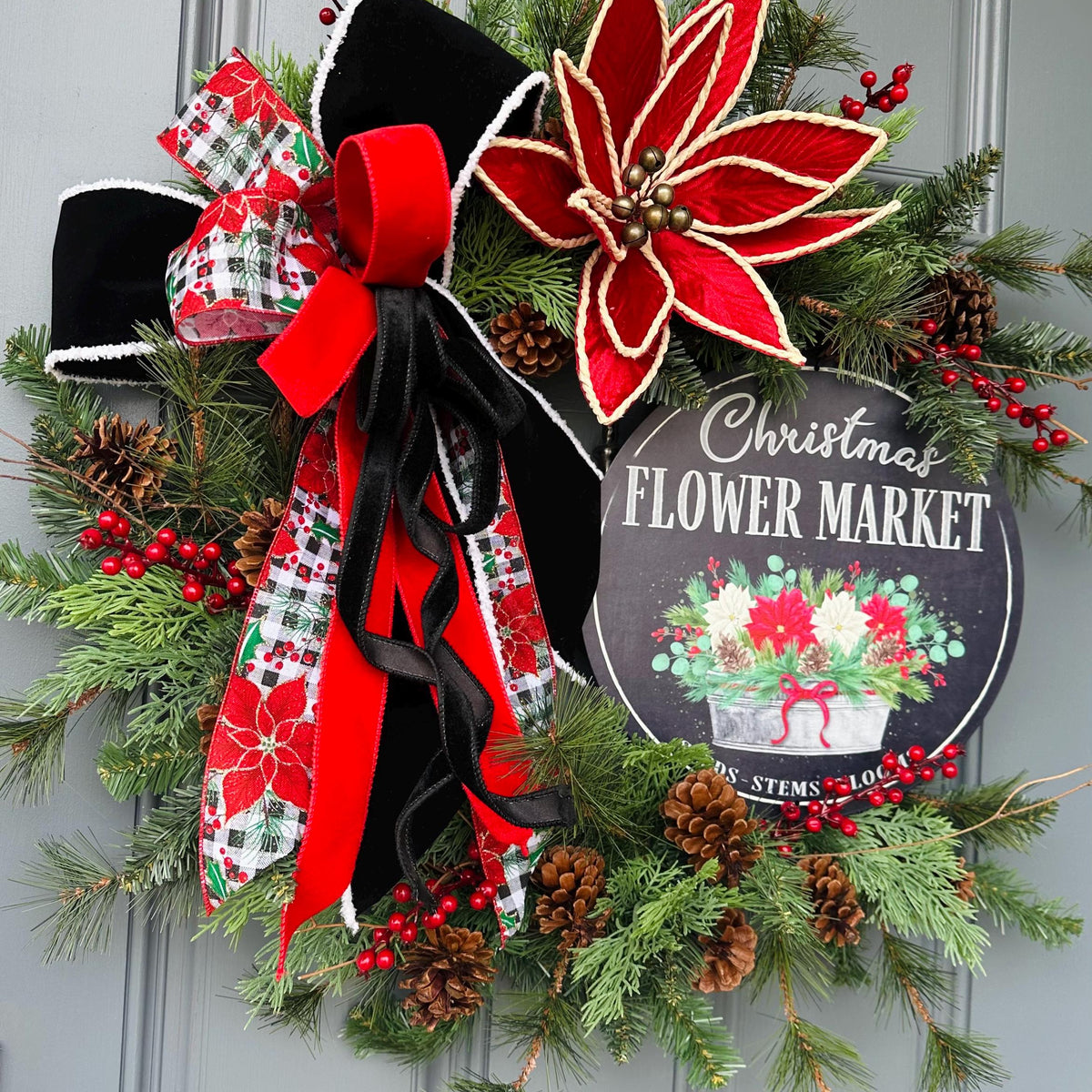 Christmas wreath for front door, poinsettias wreath with flowers shop sign, 24” Xmas wreath, first Christmas at new home gift, Personalize