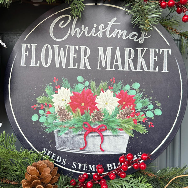 Christmas wreath for front door, poinsettias wreath with flowers shop sign, 24” Xmas wreath, first Christmas at new home gift, Personalize