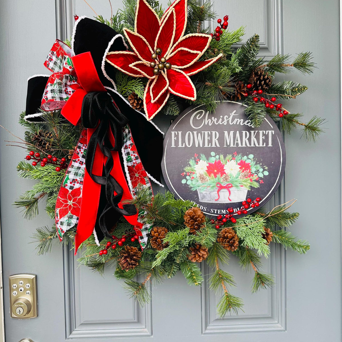 Christmas wreath for front door, poinsettias wreath with flowers shop sign, 24” Xmas wreath, first Christmas at new home gift, Personalize