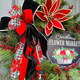 Christmas wreath for front door, poinsettias wreath with flowers shop sign, 24” Xmas wreath, first Christmas at new home gift, Personalize