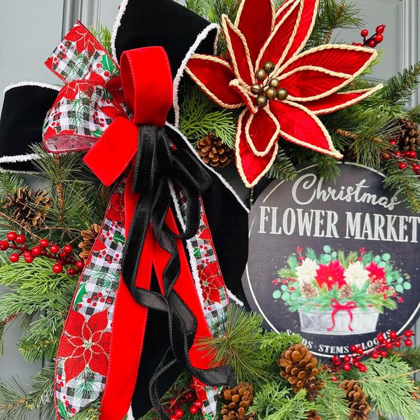 Christmas wreath for front door, poinsettias wreath with flowers shop sign, 24” Xmas wreath, first Christmas at new home gift, Personalize