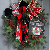 Christmas wreath for front door, poinsettias wreath with flowers shop sign, 24” Xmas wreath, first Christmas at new home gift, Personalize