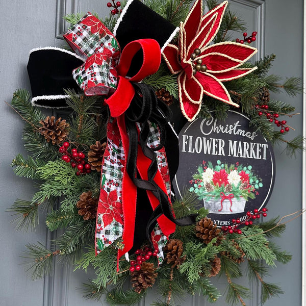 Christmas wreath for front door, poinsettias wreath with flowers shop sign, 24” Xmas wreath, first Christmas at new home gift, Personalize