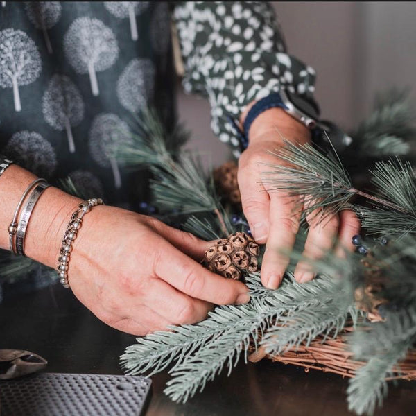 Winter table centerpiece in a birch container. Christmas gift arrangement, Hostess holiday gift, Table decoration for holiday. 20” long