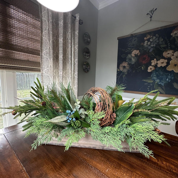 Winter table arrangement in 20”x4”x4” wooden box. Perfect for Christmas and the entire winter season. Great housewarming gift!