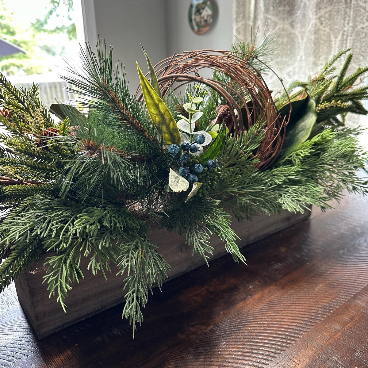 Winter table arrangement in 20”x4”x4” wooden box. Perfect for Christmas and the entire winter season. Great housewarming gift!