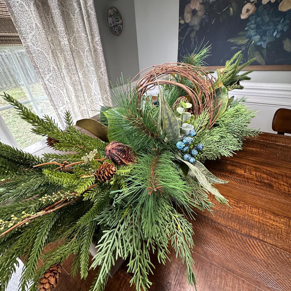 Winter table arrangement in 20”x4”x4” wooden box. Perfect for Christmas and the entire winter season. Great housewarming gift!