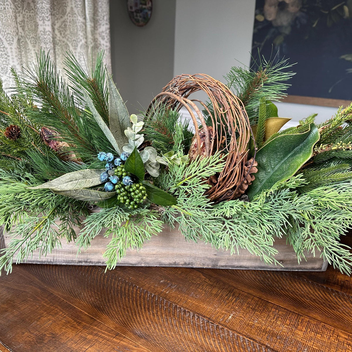 Winter table arrangement in 20”x4”x4” wooden box. Perfect for Christmas and the entire winter season. Great housewarming gift!