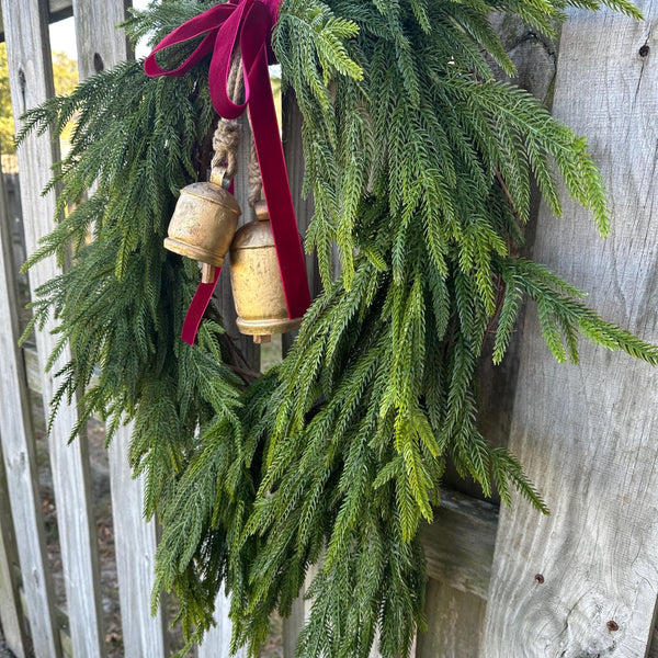 Norfolk pine front door wreath with brass bells, winter wreath, Christmas door wreath, gift for home decor lovers, perfect for winter season