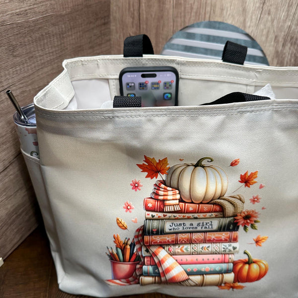 Personalized tote bag for the fall and book lover. The this bag is perfect for carry your lunch, books, groceries. Matching accessories!