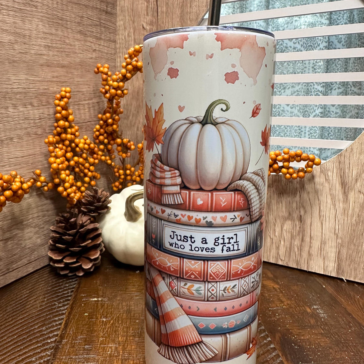 Personalized fall tumbler, book and fall lovers cup with lid and straw. Matching accessories.