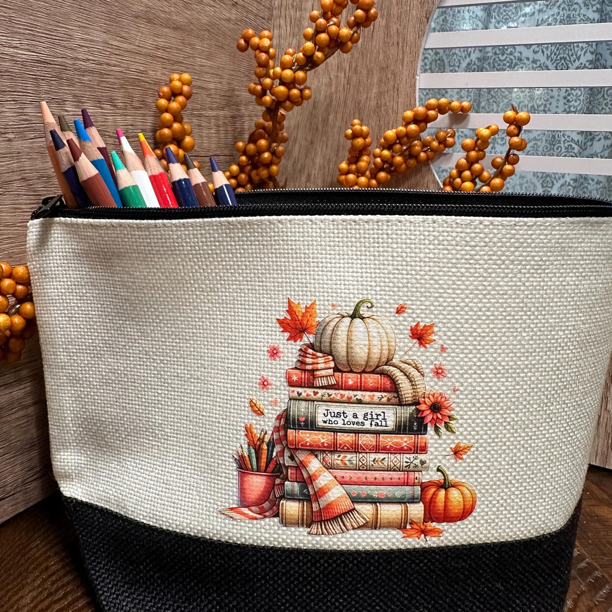 Personalized cosmetic bag for the fall and book lover. Pencil case. Matching accessories. Perfect custom gift!