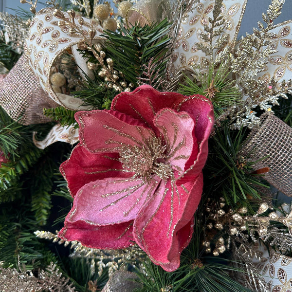 Christmas wreath for front door, Gold and pink wreath, Holiday pink magnolia and gold accents, Pine wreath with pink and gold, gift