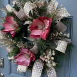 Christmas wreath for front door, Gold and pink wreath, Holiday pink magnolia and gold accents, Pine wreath with pink and gold, gift