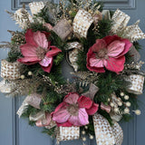 Christmas wreath for front door, Gold and pink wreath, Holiday pink magnolia and gold accents, Pine wreath with pink and gold, gift