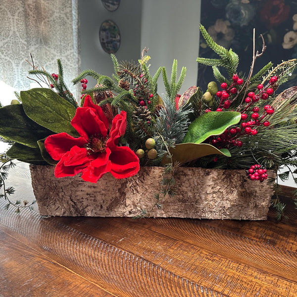 Winter table arrangement in 20”x4”x4” wooden box. Perfect for Christmas and the entire winter season. Great housewarming gift!