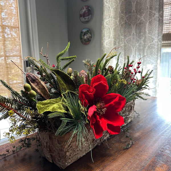 Winter table arrangement in 20”x4”x4” wooden box. Perfect for Christmas and the entire winter season. Great housewarming gift!