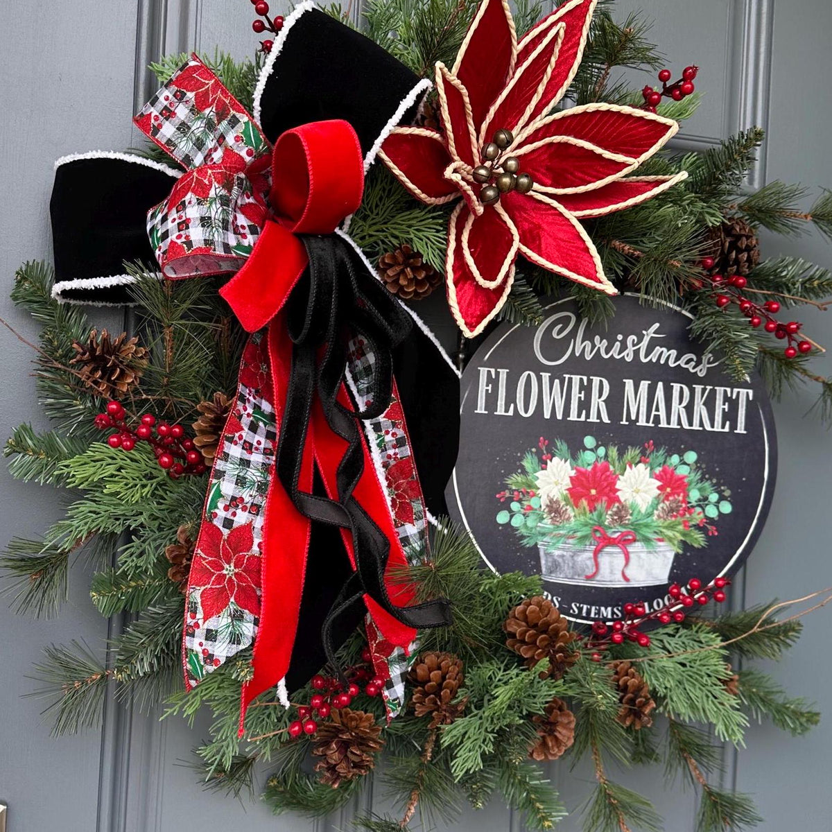 Christmas wreath for front door, poinsettias wreath with flowers shop sign, 24” Xmas wreath, first Christmas at new home gift, Personalize