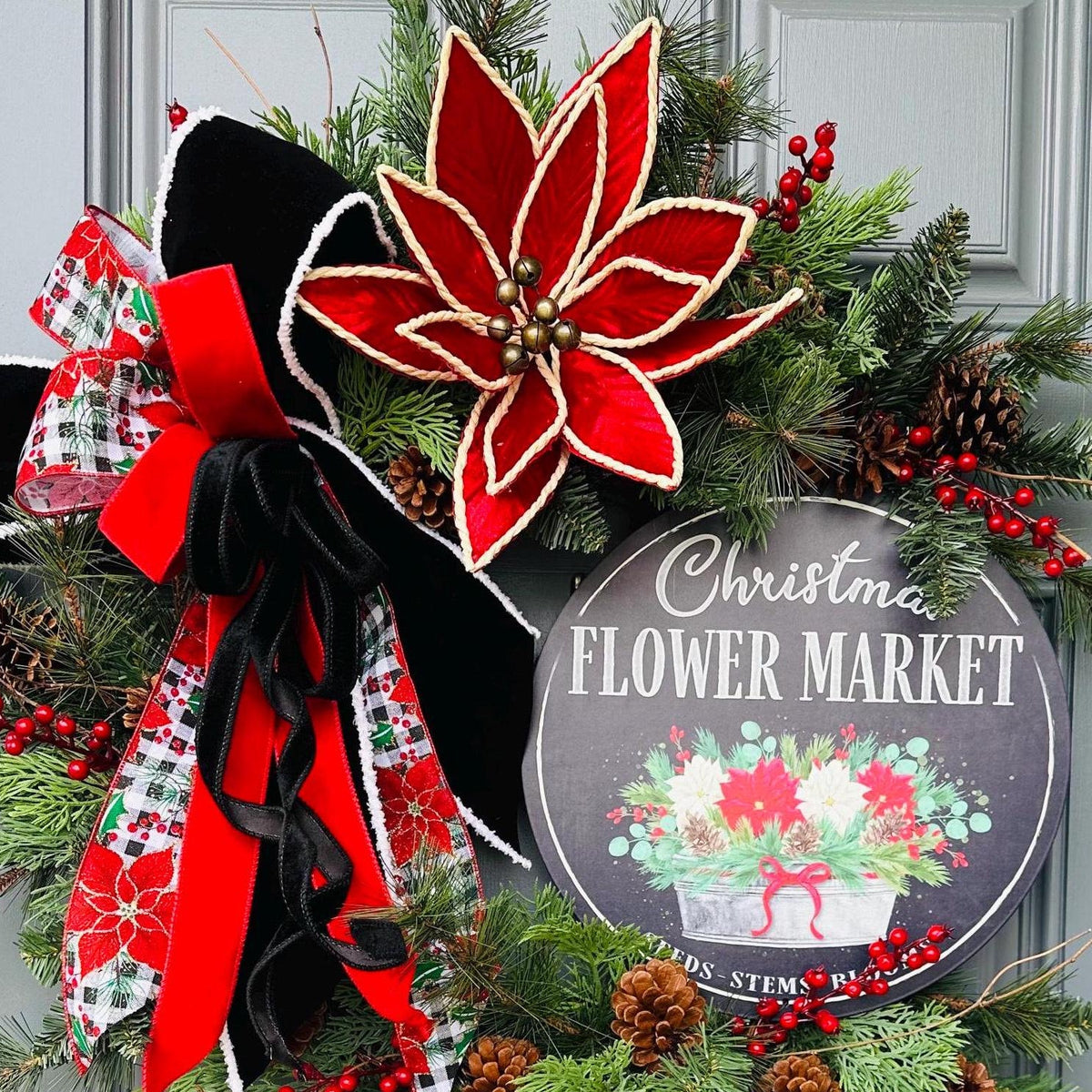 Christmas wreath for front door, poinsettias wreath with flowers shop sign, 24” Xmas wreath, first Christmas at new home gift, Personalize