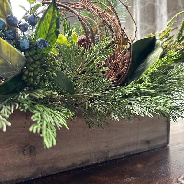 Winter table arrangement in 20”x4”x4” wooden box. Perfect for Christmas and the entire winter season. Great housewarming gift!